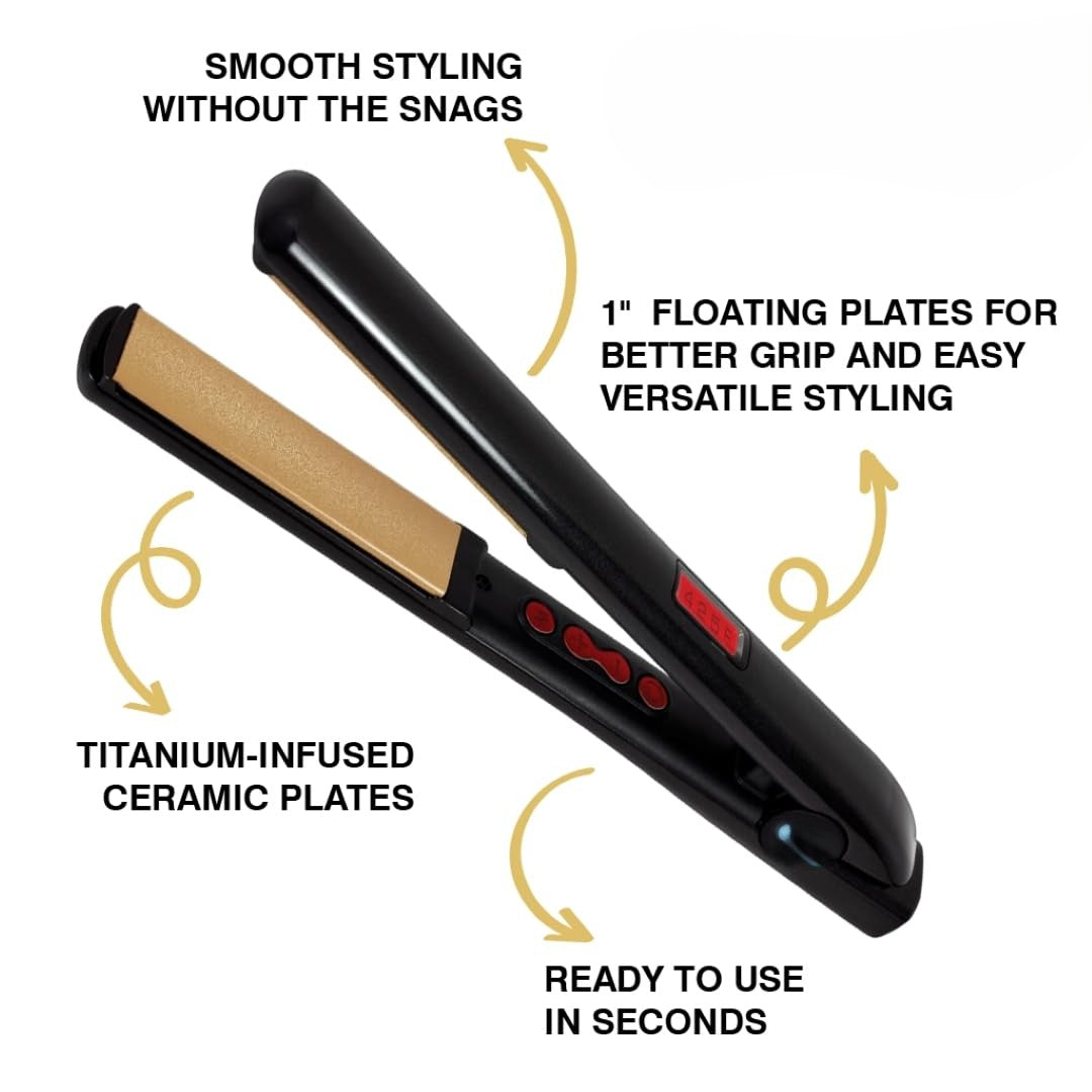 Titanium Infused Ceramic 1" Flat Iron Hair Straightener, Digital Temperature Control, Color-Coded Heat Settings for All Hair Types, Fast Heat-Up & Smooth Frizz-Free Finish